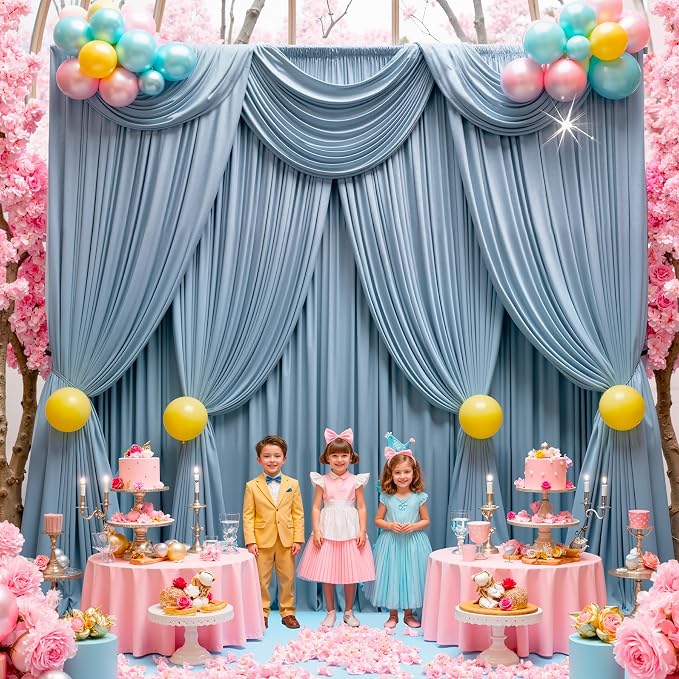 10 ft x 10 ft Wrinkle Free Dusty Blue Backdrop Curtain for Parties, 2 Panels 10ft Polyester Dusty Blue Photo Backdrop Drapes for Graduation Birthday Wedding Party Stage Curtains - Image 4