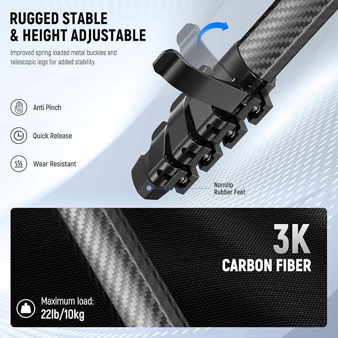 NEEWER LITETRIP LT38 61" Travel Camera Tripod, Carbon Fiber Portable Stand, 360° Pan Tilt Ball Head, Center Axis, Arca Type QR Plate Compatible with Clip V3, Max Load 22 lb, Cleaning Cloth - Image 3
