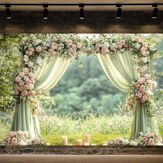 7X5ft Sage Green Floral Wall Backdrop Green Wedding Flower Arch Photography Background Spring Tea Party Backdrop Floral Girls Birthday Weeding Valentine's Day Mother's Day Event Banner Photo Props by JAWO