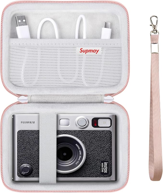 Carrying Case Compatible with Fujifilm Instax Mini EVO Instant Camera, INSTAX MINI EVO Camera Storage Holder Travel Bag with Mesh Pocket for Photos, USB Cables, Film, Rose Gold by Supmay