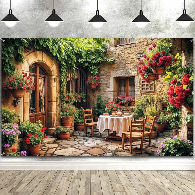 5X3ft Italian Theme Backdrop Italy Town Street Backdrop for Photography, Europe Village Town Landscape Photography Background Garden Tea Party Barnner Photo Studio Props, Color-5 - Image 5