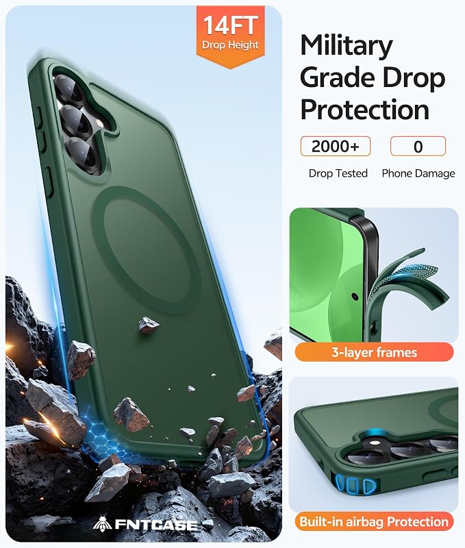 FNTCASE for Samsung Galaxy S25/S24 Case, Fit for Magsafe, Screen Protector | Translucent Matte Magnetic Back, 14FT Military Grade Drop Protection, Shockproof Protective Phone Cover, Green - Image 5