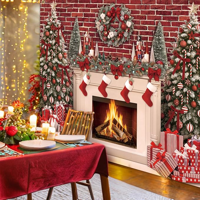 Peryiter Christmas Backdrop for Photography Xmas Tree Stocking Candy Gift Polyester Background Decoration Party Backdrop for Home Decoration Photo Studio Props(10x8 ft,Fireplace) - Image 7