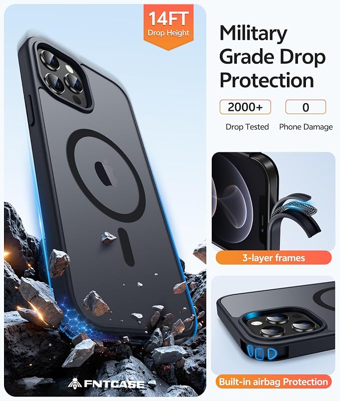 FNTCASE for iPhone 12 Pro Max Case, Fit for Magsafe, Translucent Matte Back | Strong Magnetic Charging, Shock Absorbent, 14FT Military Grade Drop-proof, Anti Slip, Black - Image 5