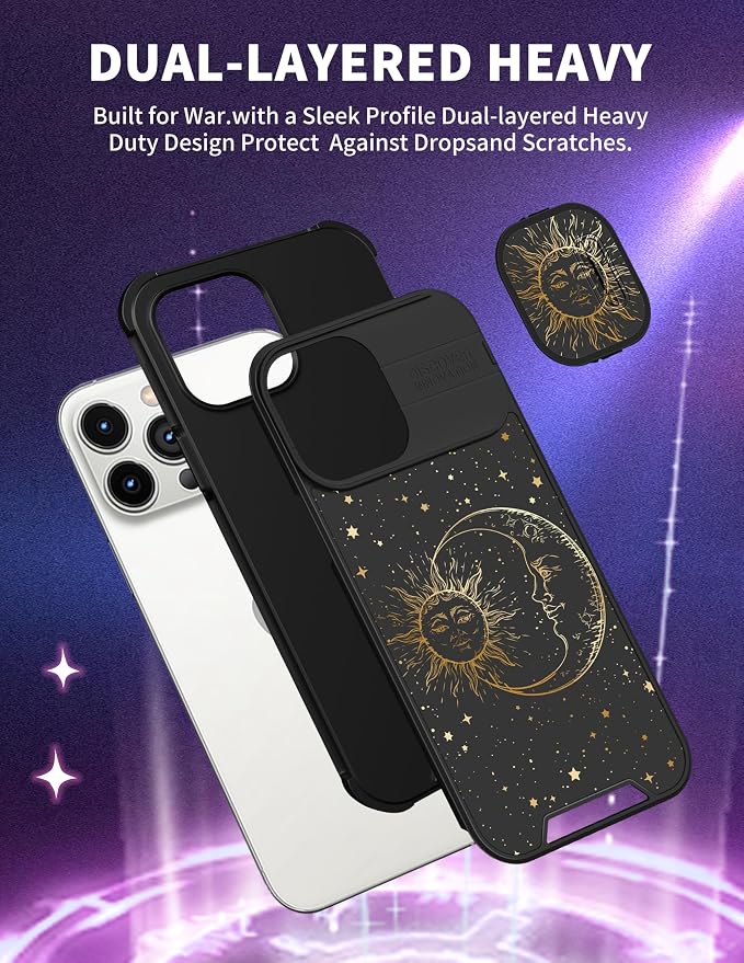 (2in1 for iPhone 13 Pro Max Case Sun and Moon for Women Cute Stars Phone Cover Star Design with Slide Camera Cover Protective Fashion Golden Space Cases for Apple 13 Pro Max 6.7'' - Image 5