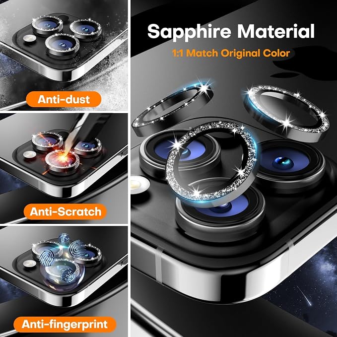 Camera Lens Protector for iPhone 15 Pro Max/15 Pro- Glitter Black | 9H Tempered Glass, Metal Individual Camera Cover, Accessories, Anti-drop, Case Friendly, HD Clear, Anti-Scratch - Image 3