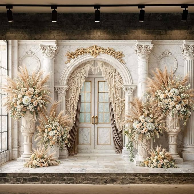 5X3ft European Retro Palace Backdrop Elegant Boho Flowers Photography Background Luxurious Dreamlike Wedding Bridal Shower Party Decoration Supplies Cake Table Photo Booth Studio Props - Image 2