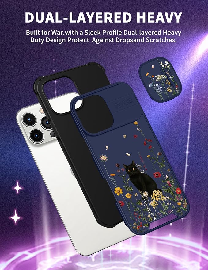 for iPhone 16 Pro Max Case - Women Cute Phone Cover Girly Pretty Fancy Unique Aesthetic Design Slide Camera Cover Protective Case for Apple for iPhone 16 Pro Max,Black Cat - Image 5