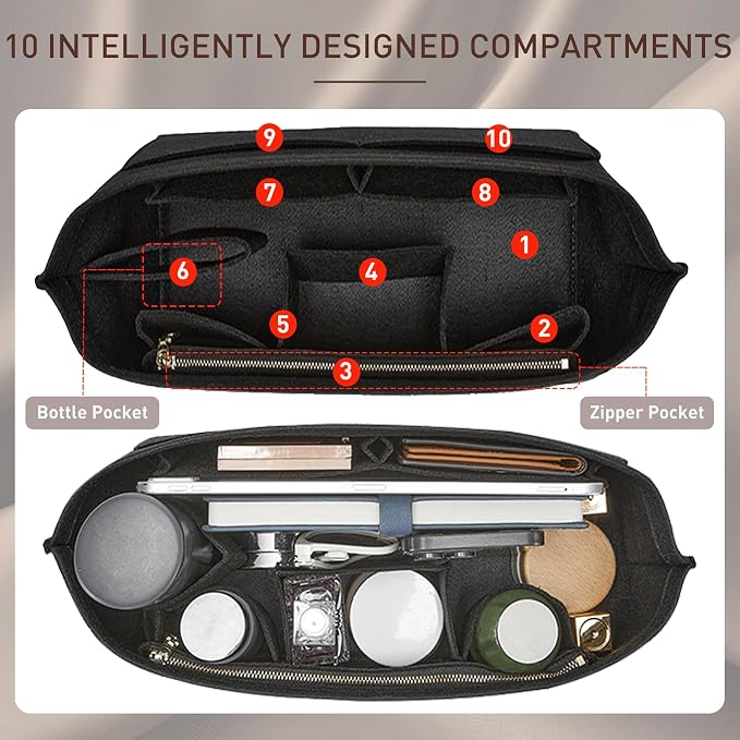 Doxo Purse Organizer Insert for Handbags & Base Shaper 2pc Set, Felt Neverfull PM Organizer Insert, Tote Bag Organizer with Zipper Pocket and Bottle Holder, Fit Neverfull PM and More, Black-M - Image 4