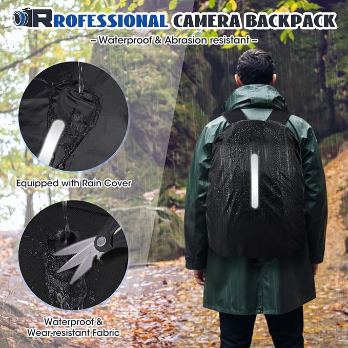 RAINSMORE Camera Backpack Camera Bag for Photographers DSLR SLR Mirrorless Camera Cases with Waterproof Rain Cover & Laptop Compartment Fits 14 Inch Laptop,Anti Theft Travel photography backpack,Black - Image 7