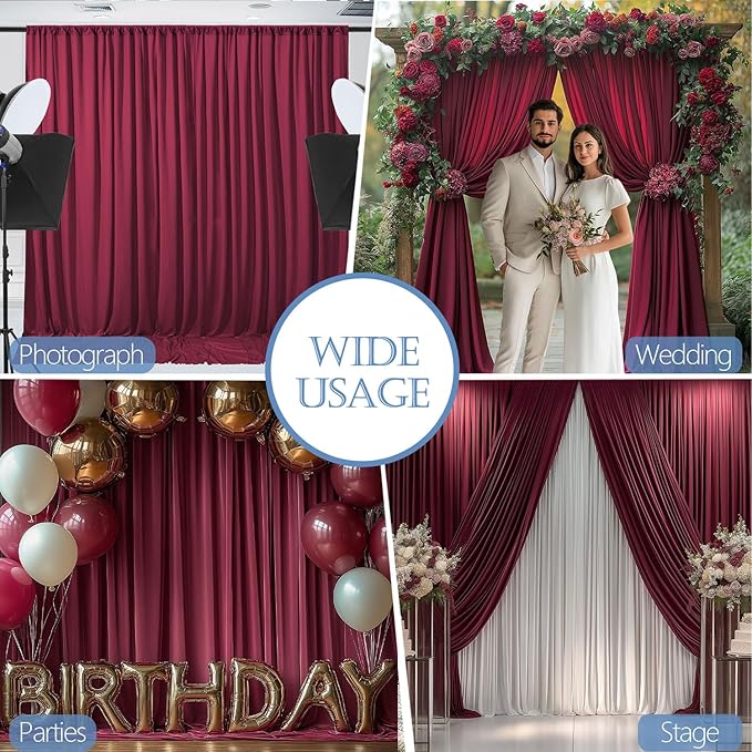 ESGOTBME 40x10ft Wrinkle Free ‌Burgundy Backdrop Curtain for Parties Soft Fabric Drapes Wedding ‌Curtain Backdrop for Birthday Party Decorations Background for Photography 5x10ft, 8 Panels - Image 6