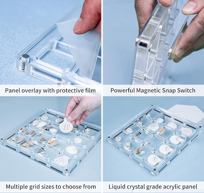 Acrylic Magnetic Seashell Display Case HD Panel with Tweezers | Large Upgraded Grids with Magnetic Snap, a Seashell Display Box for Collecting Shells, Jewelry, Crystals, Beads - Image 3