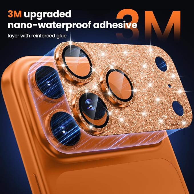 WSKEN for iPhone 17 Pro Camera Lens Protector - Military Grade Design | Strong Adhesion, Daily Shatterproof, Metal Aluminum Alloy Tempered Glass Camera Screen Protector, Glitter Orange - Image 3