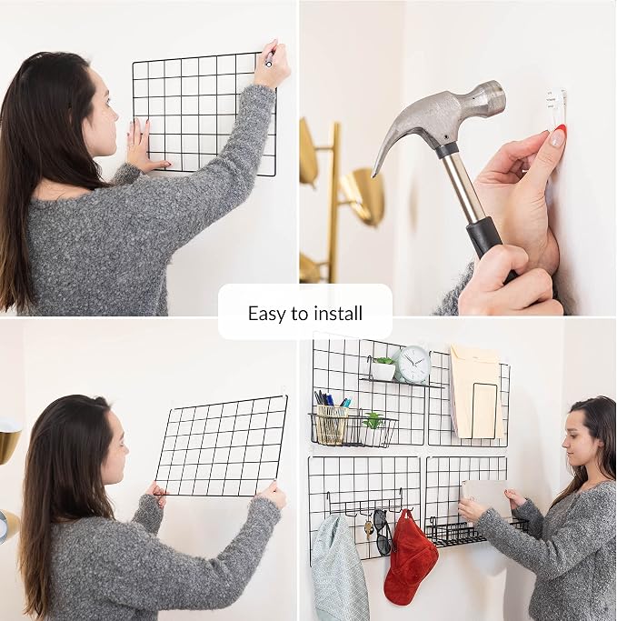 ODOXIA 2 Pack Wire Wall Grid Panel With Accessories | Includes Hanging Basket, Shelf & Hook Rack | Photo Grid Wall Panels | Hanging Home, Office & Kitchen Décor | Metal & Black - Image 4