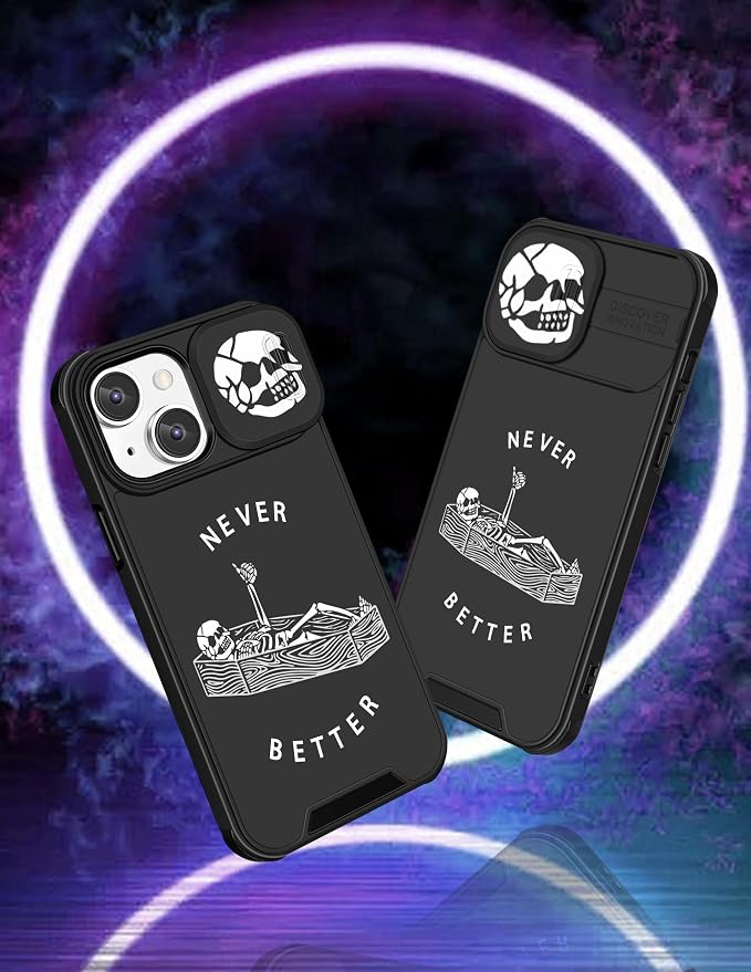 (2in1 for iPhone 15 Case Skull Skeleton Women Boys Goth Phone Cover Cute Fun Gothic Black Spooky Cool Unique Design with Slide Camera Cover Protective Stand Holder for iPhone 15 Cases 6.1'' - Image 4