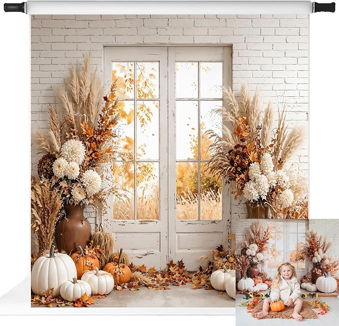 Kate Fall Photography Backdrops Autumn Harvest Pumpkin White Brick Wall Boho Theme Photography Props, 8x8ft by KateBackdropforPhotography