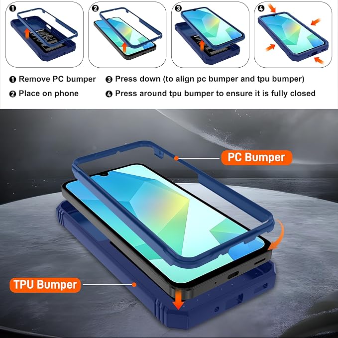 for Samsung Galaxy A06 Phone Case with 2PCS Screen Protector, Galaxy A06 Case Build in 360° Rotating Ring Kickstand, Military Grade Protective Case for Samsung A06 Phone (Blue) - Image 3
