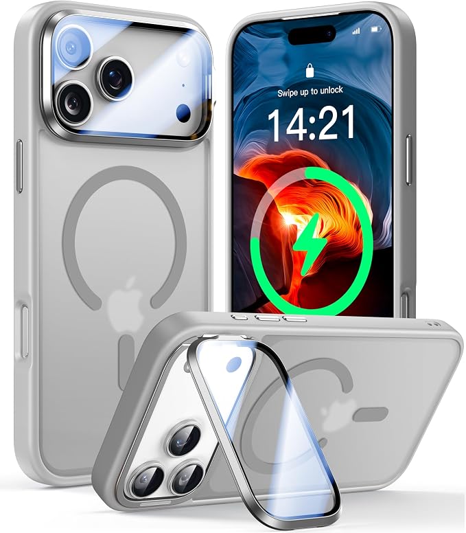 VOFATA [Upgraded Full Camera Protection] for iPhone 17 Pro Case with Camera Cover Stand [Fit for MagSafe][10FT Mil-Grade Protection] Translucent Magnetic iPhone 17 Pro Phone Case, Grey by VOFATA