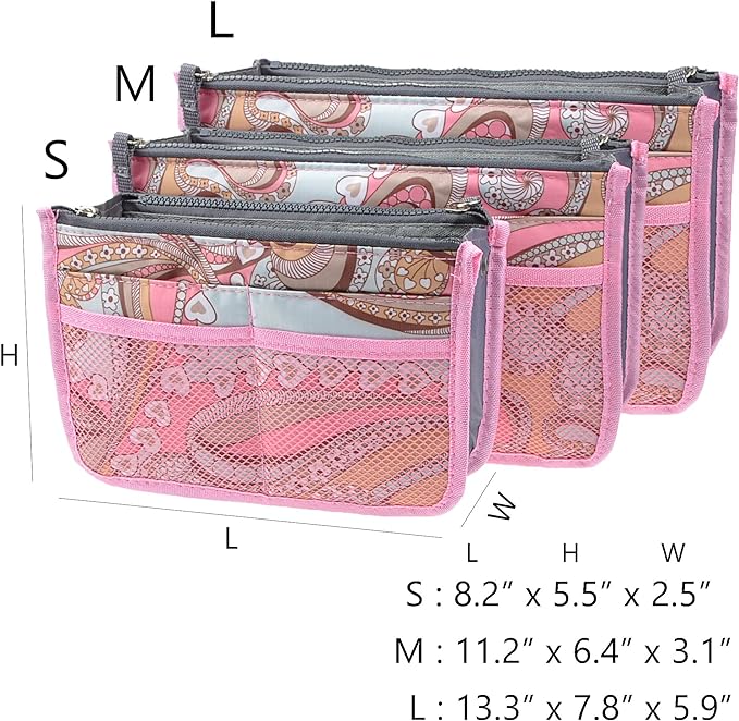 Vercord Purse Organizer Insert for Handbags Bag Organizers Inside Tote Pocketbook Women Nurse Nylon 13 Pockets Pink Flowers Medium - Image 3
