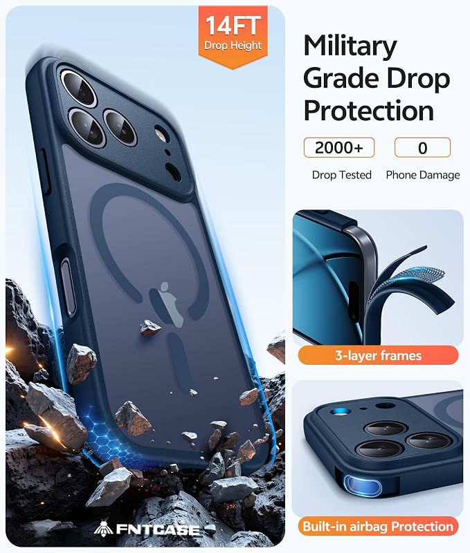 FNTCASE for iPhone 17 Pro Case, Fit for Magsafe, Screen Protector, Blue | Full Camera Protection, Translucent Matte, 14FT Military Grade Drop Proof, Shockproof Protective Phone Cover - Image 5