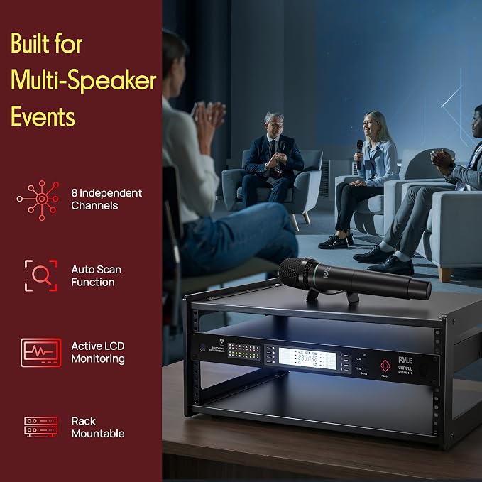 Pyle 8 Channel UHF Wireless Microphone System with 4 Handheld, 4 Lavalier & 4 Headset Microphones, 300 Ft Range & Rack Mount Receiver for Church, Conferences & Live Events - Image 3