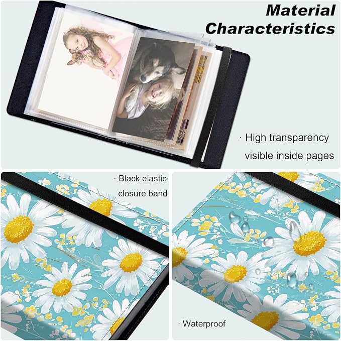 Small Photo Album 4x6, 60 Pockets Holds 120 Photos, Slip-in Pocket Photo Album with Black Elastic Band for Family Wedding Baby Travel Pictures, White Daisy Floral - Image 5