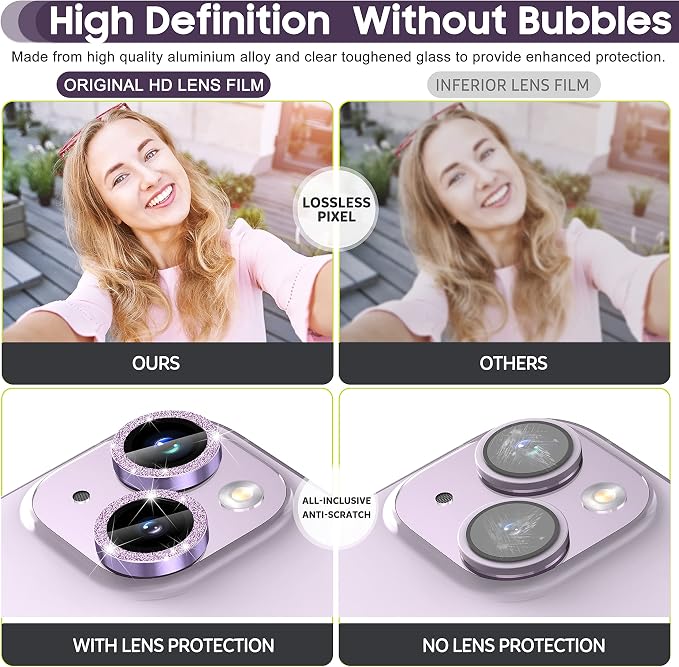 Suoman for iPhone 14 6.1 inch / 14 Plus 6.7 inch Camera Lens Protector, 9H Tempered Glass Film, Metal Frosted Independent Protective Cover [Glitter Diamonds]- Purple - Image 5