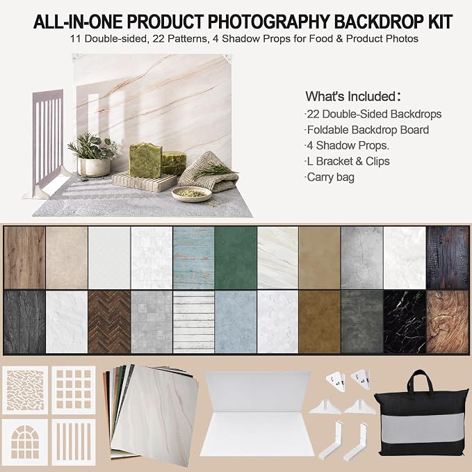 Photo Backdrop for Product Photography, 23 x 17.5 in Tabletop Kit | 11 Double-Sided Large Tabletop Backgrounds with 4 Shadow Props for Food Photography, Small & Medium Products and UGC Content - Image 2