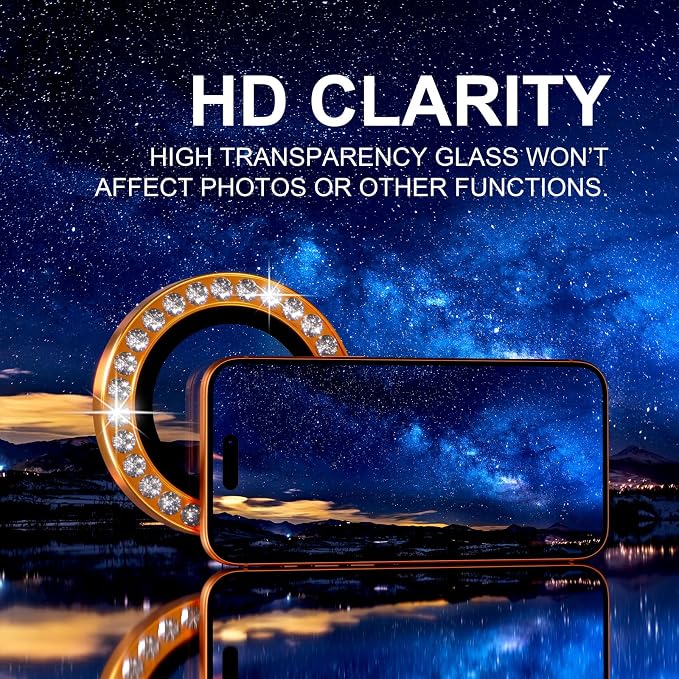 Choiche for iPhone 17 Pro/iPhone 17 Pro Max Camera Lens Protector | Ultra HD, Bling 9H Tempered Glass Camera Cover Screen Protector Metal Ring Decoration Accessories (Diamond-Orange) - Image 5