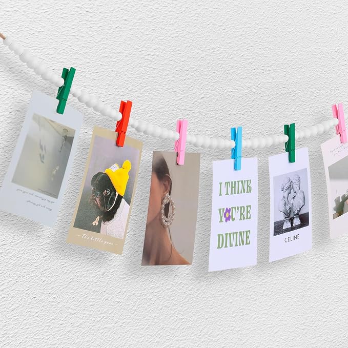 KLOGTSIND Hanging Photo Display, 2PCS Boho Wood Bead Garland Wall Decor | Photo Banner with 9 Wooden Clips for Bedroom, Living Room, Office, Dorm Decor, Pictures Postcards Holder Teen Girl Gifts - Image 2