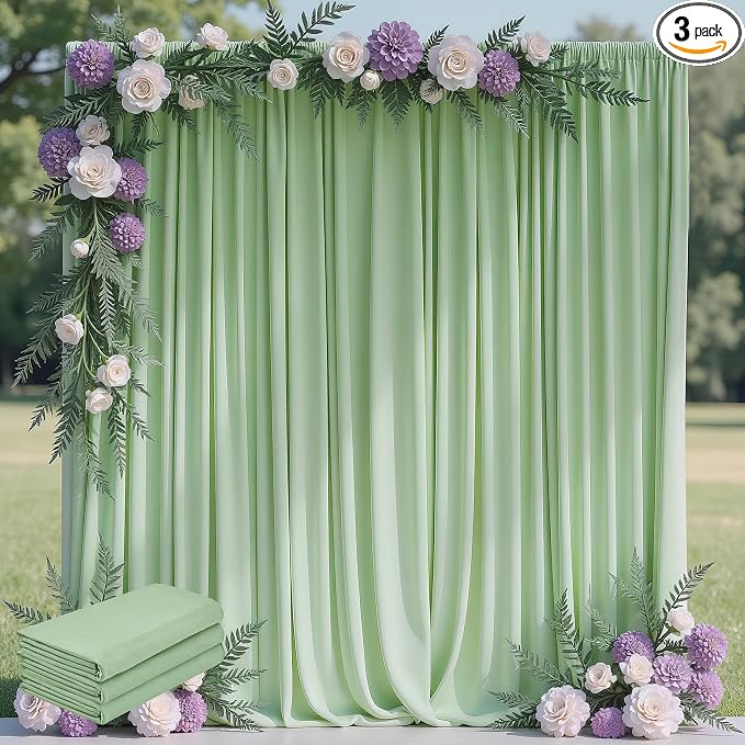 Sage Green Backdrop Curtain Drapes for Parties, 3Pack 10x10FT | Wrinkle Free Polyester Curtain Backdrop Draping Fabric for Backdrop Photoshoot Birthday Party Background,6 Panel 5x10FT by Wokceer