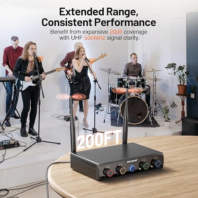 MELONARE 4x10 Freq. UHF Wireless Microphone System, 200FT Stable Signal | Cordless Handheld Mics, Microfono Inalambrico for Singing, Wedding, Karaoke, Church, DJ Events,Party MWM-41-4H - Image 3