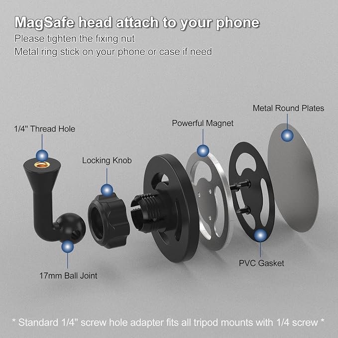Magnetic Phone Tripod Mount Adapter with 1/4"-20 Screw Hole, Compatible with Magsafe for iPhone 17/16/15/14/13 Plus Pro Max Mini Series, Adjustable Phone Holder for Tripod, Ring Light, Selfie Sticks - Image 3