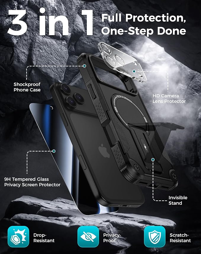 Goton 3 in 1 for iPhone 17 Pro Case with Privacy Screen Protector Black | Glass Camera Lens Protector,Compatible for MagSafe,Invisible Kickstand, Shockproof Phone Cover for iPhone 17Pro - Image 3