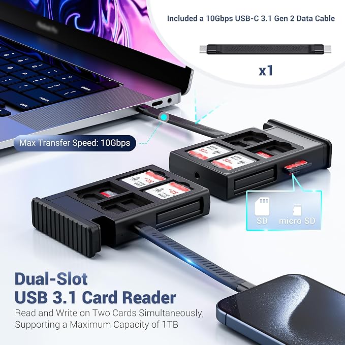 Aluminum Memory Card Case & High-Speed USB-C Reader,8 SD + 16 TF Card Slots | Multi Charging USB-C 3.1 Gen 2 Cable with Light/USB A/MicroUSB/OTG Adapter Kit & Memory Card Holder for Travel Photographer - Image 4