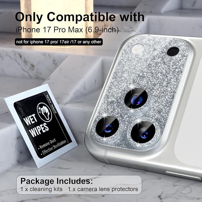 Choiche for iPhone 17 Pro Max Camera Lens Protector, Glitter-Silver | Bling Metal Camera Cover with 9H Tempered Glass Lens Screen Protector Accessories, Strong Adsorption, Case-Friendly, 6.9-inch - Image 2