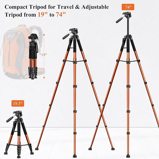 Victiv 74” Camera Tripod, Phone Tripod for iPhone with Phone Holder, Orange | Aluminum Professional Heavy Duty Camera Tripod Stand, Tall Tripod for DSLR with Carry Bag, Compatible with Canon Nikon iPhone - Image 2