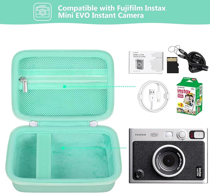 Carrying Case Compatible with Fujifilm Instax Mini EVO Instant Camera, INSTAX MINI EVO Camera Storage Holder Travel Bag with Mesh Pocket for Photos, USB Cables, Film, Green - Image 2