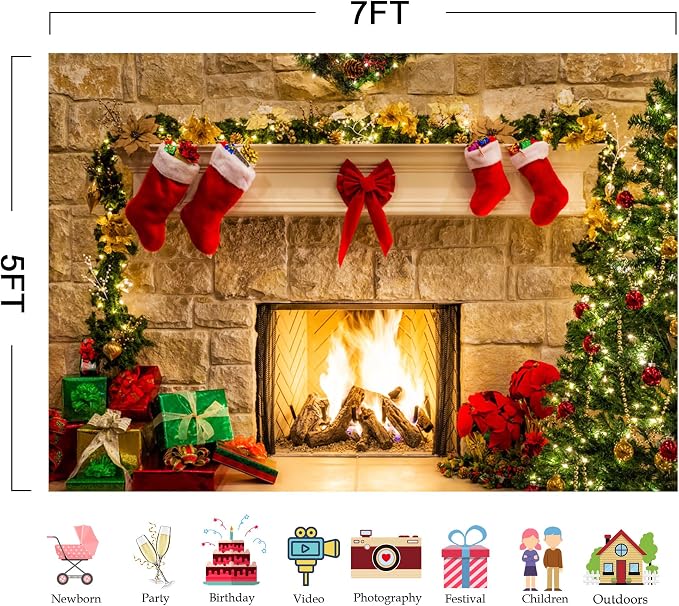 7x5ft Christmas Fireplace Theme Backdrop for Photography | PolyesFabric-Tree Sock Decorations,Xmas Party Supplies,Studio Decor Booth Props,Photo Background Pictures,Wrinkle Free - Image 2