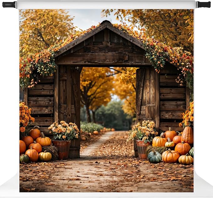Kate Fall Backdrop Thanksgiving Backdrops for Photography Fall Maple Leaves Pumpkin Barn Door Backgrounds, 8x8ft - Image 2