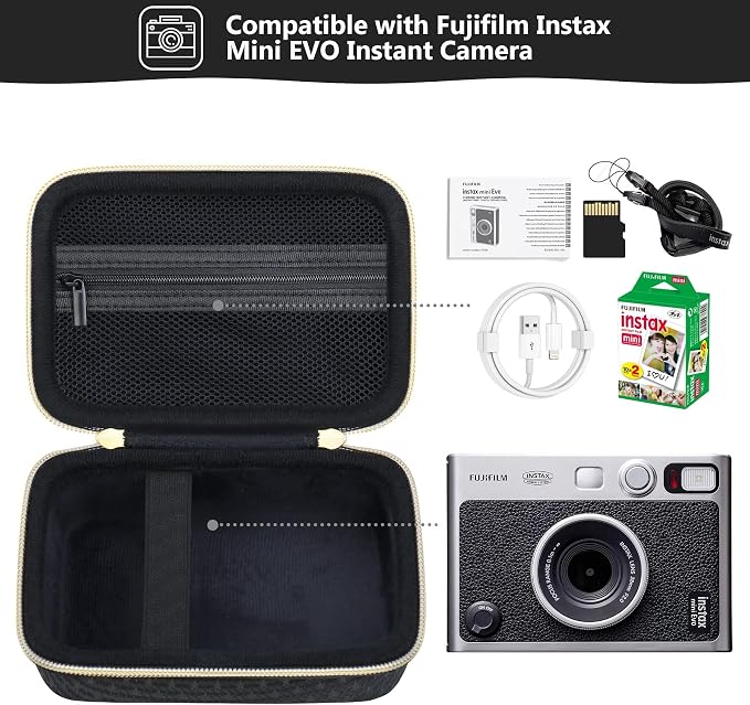 Carrying Case Compatible with Instax Mini EVO Instant Camera, INSTAX MINI EVO Camera Storage Holder Travel Bag with Mesh Pocket for Photos, USB Cables, Film, Black - Image 2
