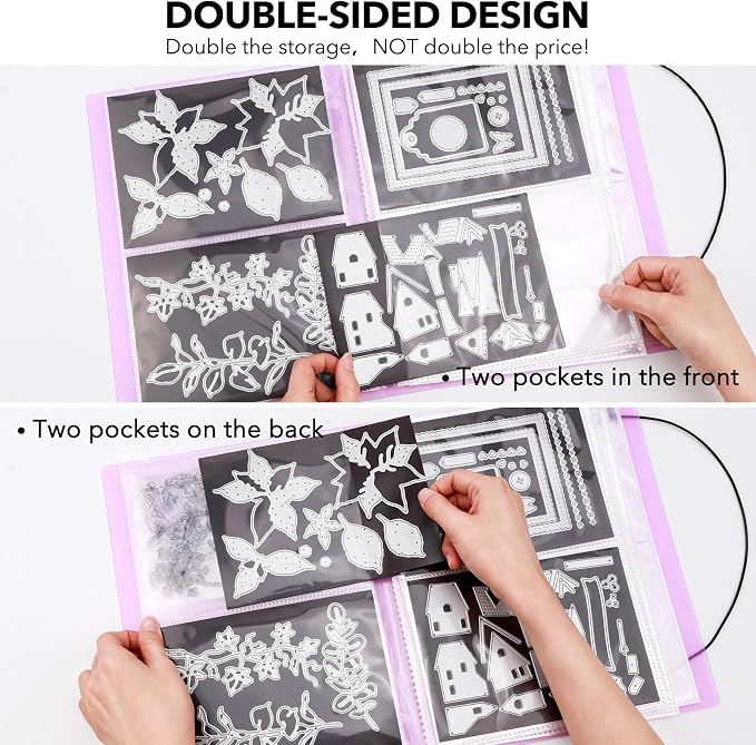 2 Pack Large Sticker Photo Storage Album, Stamp & Cutting Dies Storage Book Organizer Folder for Cards Storage DIY Scrapbooking Card Making Supplies 20 Pages 80 Pockets/Pack (Clear + Purple) - Image 6