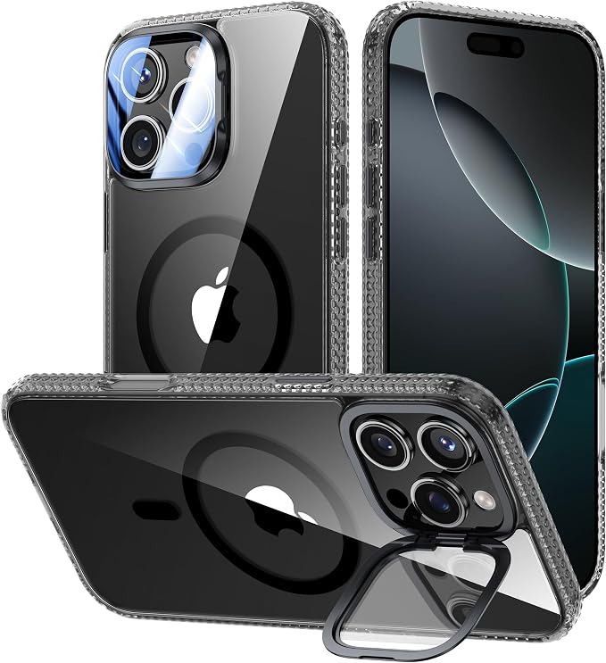 VOFATA [Upgraded] for iPhone 16 Pro Max Case with Camera Cover Stand [Fit for MagSafe][9H Camera Lens Protector] Mil-Grade Protection Transparent Magnetic iPhone 16 Pro Max Phone Case, Clear Black by VOFATA