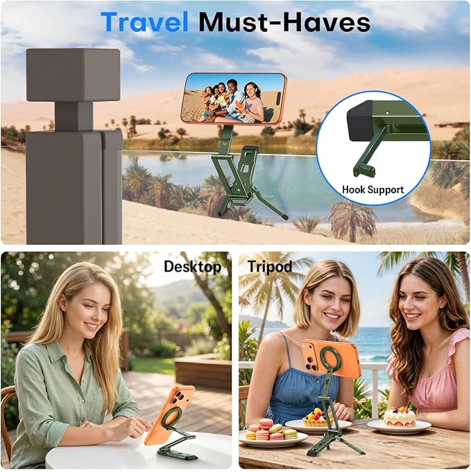 OMOTON TP06-E [3-Adjust] Sturdy Magnetic Phone Tripod for iPhone 17 Pro Max | Aluminium Phone Stand for MagSafe with Hook 1/4" Screw& Arca, Travel Essentials Gift for Vlog, Creators, Live, Green - Image 3