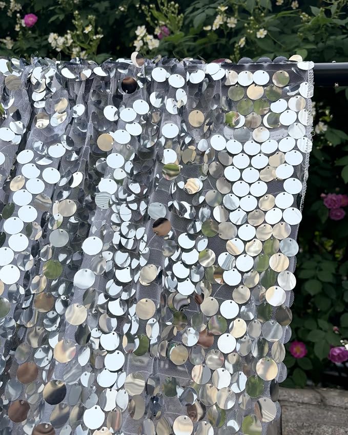 Silver Sequin Backdrop 18MM Large Sequins, 4x10 Feet, 2 Panel Glitter Sparkler Shimmer Backdrop for Decor, Parties, Home - Image 3