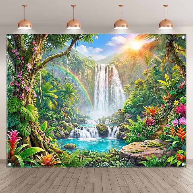 Fabric 8x6ft Rainforest Backdrop Tropical Jungle Waterfall Banner | Summer Event Natural Scenery Photography Background, Kids Adult School Party Decorations, Classroom Photo Props, Polyester - Image 2