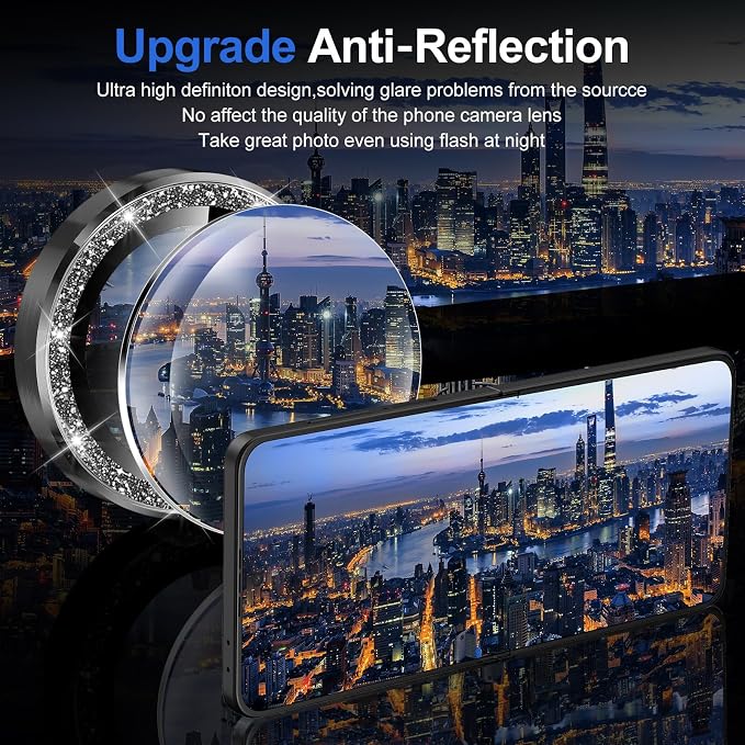 for Samsung Galaxy Z Flip 7 Camera Lens Protector, Individual Metal Ring Tempered Glass Lens Cover, [Strong Adsorption] Scratch Resistant Ultra-Thin HD Clear Lens Cover, 1 Set-Black Sparkly - Image 4