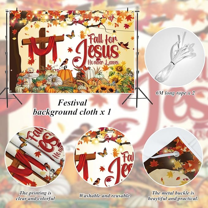 Thanksgiving Banner 10x7ft Polyester Fall for Jesus He Never Leaves Banner Outdoor Happy Thanksgiving Backdrop Fall Decorations for Party Pumpkin Patch Backdrop - Image 4
