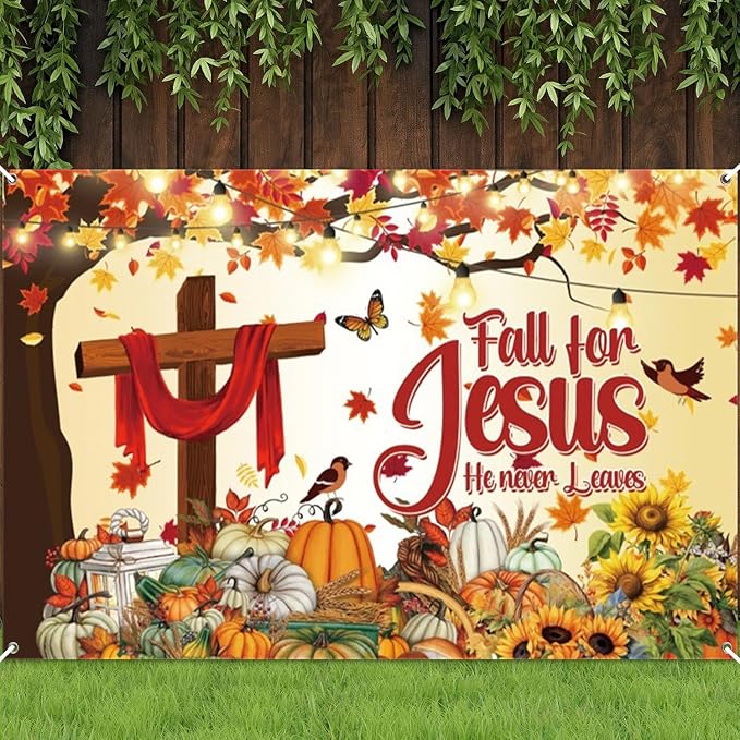 Thanksgiving Banner 7x5ft Polyester Fall for Jesus He Never Leaves Banner Outdoor Happy Thanksgiving Backdrop Fall Decorations for Party Pumpkin Patch Backdrop - Image 8