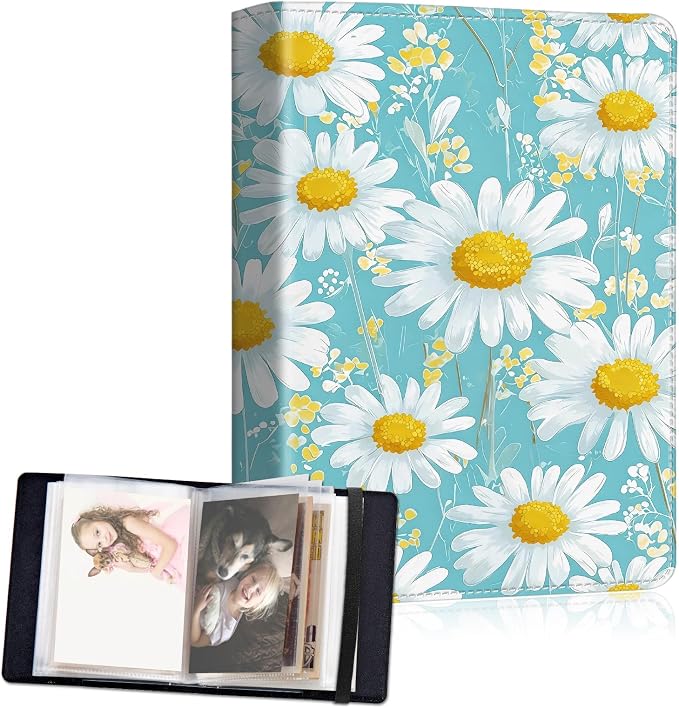 Small Photo Album 5x7, 60 Pockets Holds 120 Photos, Slip-in Pocket Photo Album with Black Elastic Band for Family Wedding Baby Travel Pictures, White Daisy Floral by Unknown